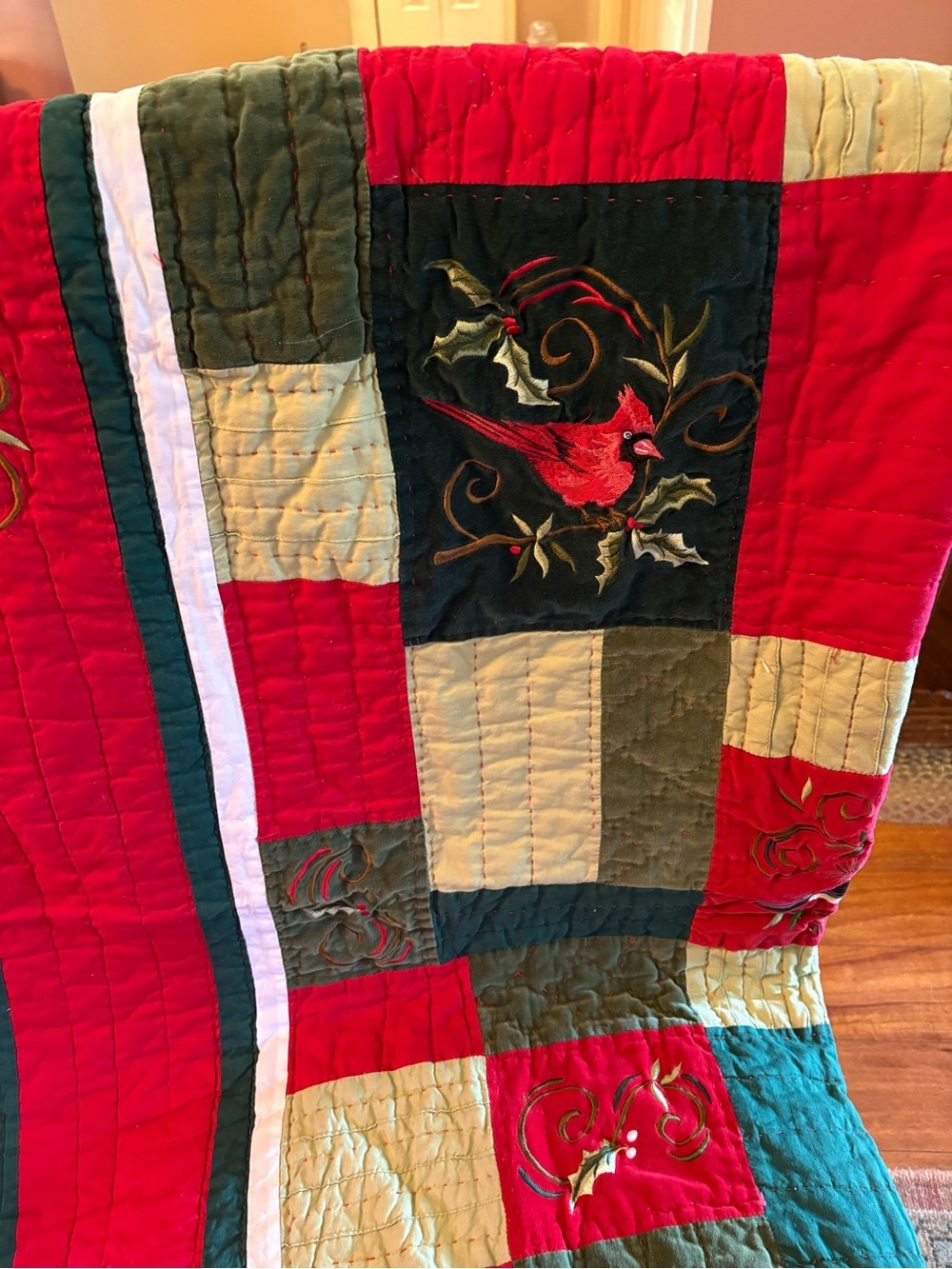Christmas Cardinal Embroidered Lap Quilt Throw 48x58 Red Green Holiday Blanket